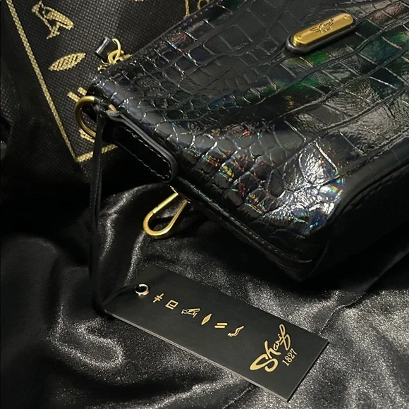 Sharif Black Iridescent Croc-Embossed Leather Bag NWT - Picture 2 of 16